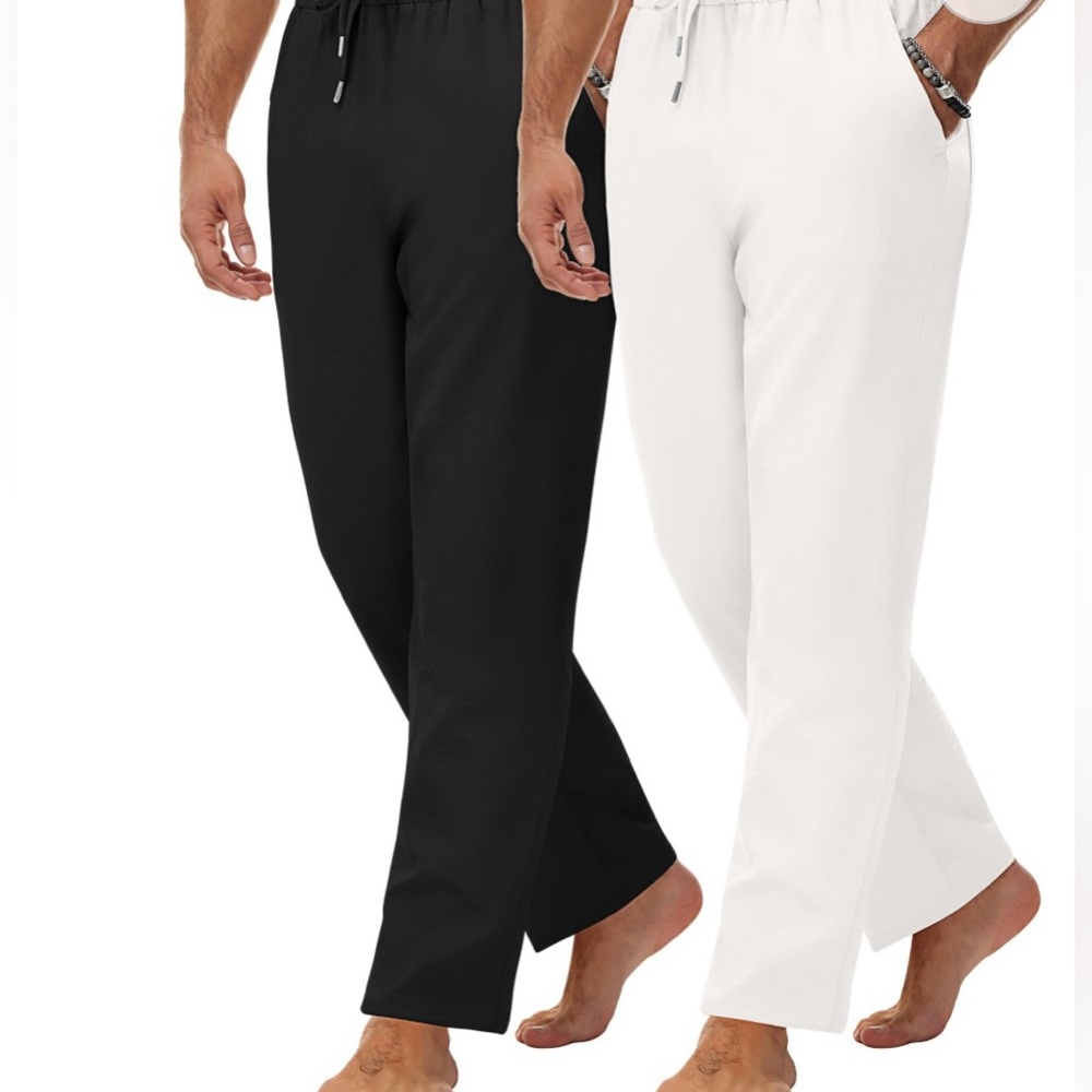 Brand New In Package 2 Pair Mens Linen Pants Ivory White & Black Pull on Size XL